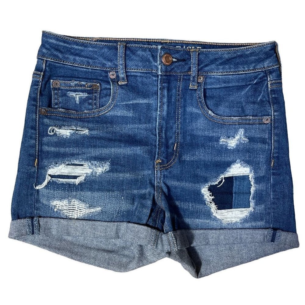 American Eagle Women's Cuffed Medium Wash Distressed Denim Shorts Size 2